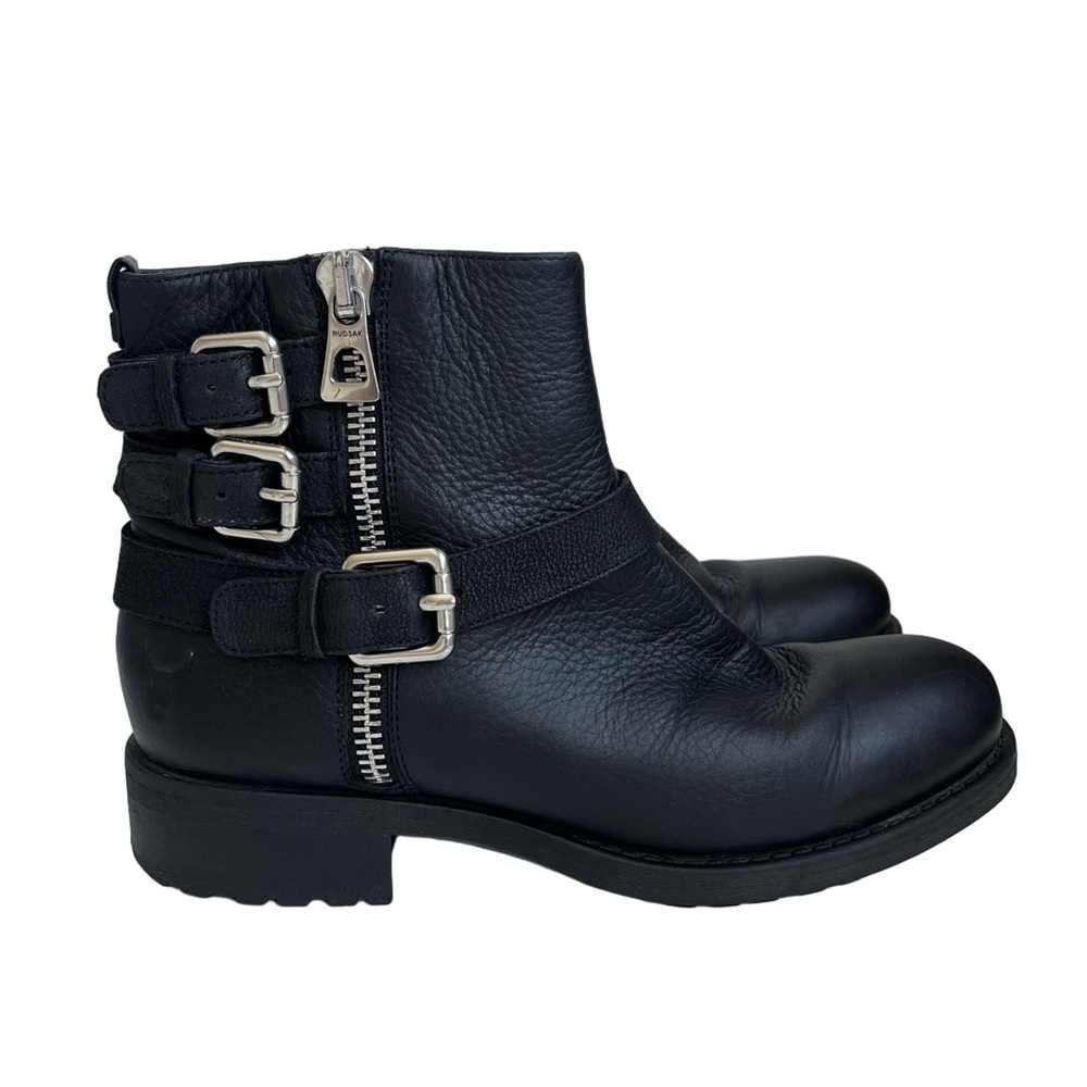 RUDSAK Black Leather Moto Boots - Triple Buckle Zip Ankle Booties - Size 39 - Picture 3 of 12
